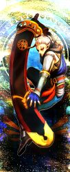 Rule 34 | 1girl, absurdres, armor, bad id, bad pixiv id, bracer, dark-skinned female, dark skin, facial tattoo, fingerless gloves, gloves, greaves, highres, huge weapon, hyrule warriors, impa, matcho, nintendo, pointy ears, red eyes, scabbard, sheath, sheathed, shoulder pads, silver hair, solo, sword, tattoo, the legend of zelda, weapon