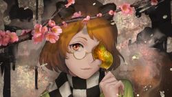 Rule 34 | 1girl, amino (tn7135), animal ears, bracelet, brown hair, cherry blossoms, closed mouth, covering one eye, forbidden scrollery, futatsuiwa mamizou, glasses, highres, japanese clothes, jewelry, kimono, kiseru, leaf, light smile, long sleeves, looking at viewer, orange eyes, pince-nez, plaid, plaid scarf, portrait, raccoon ears, raccoon tail, scarf, short hair, smoking pipe, solo, tail, touhou, upper body, wide sleeves