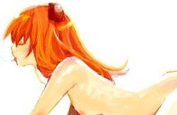 Rule 34 | 1girl, all fours, arched back, breasts, completely nude, closed eyes, long hair, neon genesis evangelion, nude, oekaki, orange hair, red hair, saliva, saliva trail, small breasts, solo, souryuu asuka langley, tongue