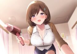 Rule 34 | 1girl, azuki yui, black skirt, blurry, blurry background, blush, breasts, brown hair, cleavage, collarbone, curtains, hair dryer, hair ornament, hairclip, highres, holding, holding hair dryer, large breasts, open mouth, original, pink eyes, pleated skirt, shirt, short hair, skirt, solo, sweater, wet, white shirt
