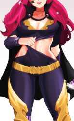 Rule 34 | 1girl, :p, belt, black cape, bodysuit, breasts, cape, ceroccb, chest strap, choker, cleavage, clothing cutout, collarbone, dagger, detached sleeves, facial mark, fire emblem, fire emblem engage, gold belt, hair ornament, head out of frame, holding, holding dagger, holding knife, holding weapon, knife, large breasts, long hair, navel, nintendo, pink choker, red hair, saliva, side cutout, solo, star (symbol), star facial mark, star hair ornament, sweat, tongue, tongue out, weapon, yunaka (fire emblem)