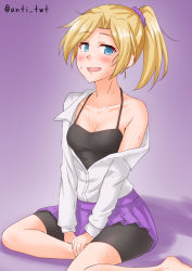 Rule 34 | 1girl, alternate costume, anti (untea9), bike shorts, black camisole, black shorts, blonde hair, blue eyes, camisole, commentary request, gradient background, highres, kantai collection, long hair, looking at viewer, maikaze (kancolle), open clothes, parted bangs, pleated skirt, ponytail, purple background, purple skirt, scrunchie, shadow, shorts, shorts under skirt, sitting, skirt, solo, twitter username, wariza