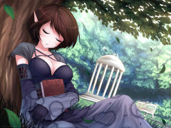 Rule 34 | 1girl, against tree, atomix, bench, bird, book, hugging book, breasts, brown hair, cleavage, criss-cross halter, detached sleeves, closed eyes, gloves, grass, halterneck, halterneck, holding, holding book, leaf, hugging object, original, pointy ears, short hair, sleeping, solo, tree