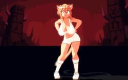 Rule 34 | 1girl, 3d, :3, animal ears, animated, ass shake, breasts, cat ears, cat tail, cleavage, curvy, dancing, fang, full body, furry, furry female, goya (lucyfer), gym uniform, hands on own hips, helltaker dance, jiggle, large breasts, long hair, looking at viewer, lucyfer, navel, open mouth, original, ponytail, shiny clothes, short shorts, shorts, simple background, sky, smile, sound, sportswear, tail, video, white background, wide hips