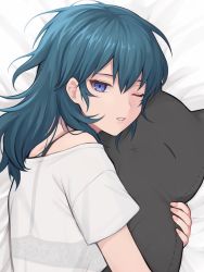 Rule 34 | 1girl, banned artist, bare shoulders, bed sheet, blue eyes, blue hair, bra, byleth (female) (fire emblem), byleth (fire emblem), commentary request, fire emblem, fire emblem: three houses, highres, holding, holding stuffed toy, long hair, looking at viewer, nintendo, hugging object, off-shoulder shirt, off shoulder, one eye closed, parted lips, see-through, shimizu akina, shirt, short sleeves, solo, stuffed toy, underwear, upper body, white shirt