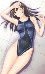 Rule 34 | 1girl, arm up, armpits, black hair, breasts, competition swimsuit, covered erect nipples, from above, highleg, highleg swimsuit, highres, kuri (kurigohan), leaning, long hair, lying, on back, one-piece swimsuit, one eye closed, open mouth, red eyes, shiny clothes, skin tight, solo, speedo (company), swimsuit, thigh gap, thighs, wink