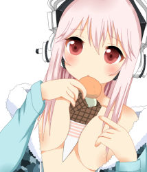 Rule 34 | 1girl, between breasts, blush, breasts, cleavage, food, headphones, highres, ice cream, ice cream cone, large breasts, long hair, looking at viewer, negisan, nitroplus, pink eyes, pink hair, sexually suggestive, solo, super sonico