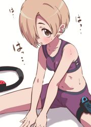 Rule 34 | 1girl, arms between legs, bare shoulders, blonde hair, blush, breathing, brown eyes, collarbone, controller, crop top, cropped shirt, exhausted, flat chest, game controller, hair over one eye, highres, idolmaster, idolmaster cinderella girls, idolmaster cinderella girls starlight stage, illust audio, looking at viewer, midriff, navel, nintendo switch, open mouth, purple shirt, purple shorts, ring fit adventure, shirasaka koume, shirt, short hair, shorts, simple background, sitting, solo, spread legs, sweat, thigh strap, translated, white background