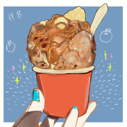 Rule 34 | aqua nails, blue background, cup, food, food focus, ice cream, numbered, original, simple background, sparkle, spoon, still life, syrup, takisou sou