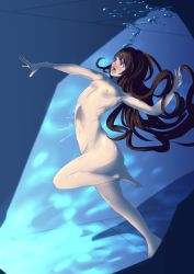 Rule 34 | 1girl, absurdres, armpits, asphyxiation, barefoot, breasts, brown hair, completely nude, drowning, highres, long hair, navel, nipples, nude, original, small breasts, solo, underwater