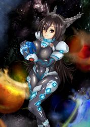 Rule 34 | 10s, 1girl, absurdres, black hair, bodysuit, fortified suit, giant, giantess, headgear, highres, kantai collection, long hair, muv-luv, nagato (kancolle), nonoririn, pilot suit, red eyes, solo