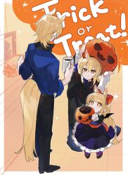 Rule 34 | 1boy, 2girls, absurdres, animal ears, arknights, bag, bat wings, black cloak, black pants, blemishine (arknights), blonde hair, blue dress, blue shirt, border, bow, bowtie, chest of drawers, cloak, collared shirt, commentary, cup, dress, english text, facing away, fake wings, frilled dress, frills, full body, hair bow, halloween, highres, holding, holding cup, horse boy, horse ears, horse girl, horse tail, jack-o&#039;-lantern, long sleeves, mlynar (arknights), mug, multiple girls, nearl (arknights), orange bow, orange eyes, pants, picture frame, purple socks, shirt, short hair, socks, sparkling eyes, tail, trick or treat, wings, yakota (usuk-yako)