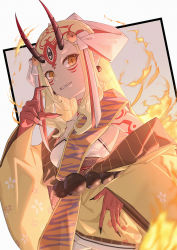 Rule 34 | 1girl, bare shoulders, beads, blonde hair, breasts, collarbone, earrings, facial mark, fang, fang out, fate/grand order, fate (series), fingernails, fire, forehead, forehead mark, grin, hair pulled back, hair ribbon, hand on own hip, horns, ibaraki douji (fate), japanese clothes, jewelry, kimono, long hair, long sleeves, looking at viewer, obi, oni, oni horns, pointy ears, ribbon, sash, sharp fingernails, slit pupils, small breasts, smile, solo, tattoo, white ribbon, whitem (whiteemperor2020), wide sleeves, yellow eyes, yellow kimono