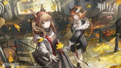 Rule 34 | 2girls, ahoge, angelina (arknights), animal ears, arknights, bag, bench, black choker, black jacket, box, breasts, brown eyes, brown hair, chinese commentary, choker, commentary request, cowboy shot, croissant (arknights), fox ears, fur-trimmed jacket, fur trim, gloves, hairband, highres, holding, holding box, horns, jacket, kang yiqian (self cultivation), long hair, long sleeves, medium breasts, multiple girls, open clothes, open jacket, red hairband, shirt, staff, standing, thighs, twintails, visor cap, white gloves, white jacket