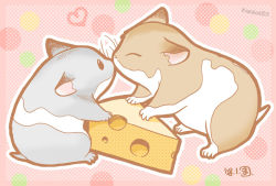 Rule 34 | animal, animal focus, animals kissing, cheese, closed eyes, commentary request, dated, facing another, food, hamster, heart, kiss, looking at another, mato (mato-san no hon), no humans, original, outline, pink background, polka dot, polka dot background, twitter username, white outline