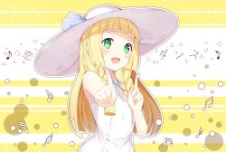 Rule 34 | 1girl, :d, absurdres, armpit peek, arms up, beamed quavers, beamed semiquavers, blonde hair, blunt bangs, blush, braid, check commentary, chitetan, commentary request, creatures (company), dress, game freak, green eyes, happy, hat, highres, index finger raised, koi dance, lillie (pokemon), long hair, looking at viewer, music, musical note, nintendo, open mouth, pokemon, pokemon sm, quaver, simple background, sleeveless, sleeveless dress, smile, solo, twin braids, upper body, white hat, yellow background