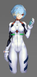 Rule 34 | 1girl, absurdres, ayanami rei, bad id, bad pixiv id, bandage over one eye, bandages, blue hair, bodysuit, boroja, bracer, breasts, cropped legs, expressionless, eyepatch, gloves, grey background, hair ornament, highres, impossible bodysuit, impossible clothes, interface headset, neon genesis evangelion, pilot suit, plugsuit, red eyes, short hair, simple background, skin tight, small breasts, solo, turtleneck