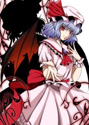 Rule 34 | 1girl, ascot, bat wings, blue hair, brooch, dress, female focus, hat, hat ribbon, jewelry, looking at viewer, nail polish, ominous shadow, outstretched arm, outstretched hand, pink dress, puffy sleeves, red eyes, red nails, remilia scarlet, ribbon, sash, sawade, shadow, short hair, short sleeves, slit pupils, smile, solo, touhou, wings