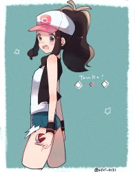 Rule 34 | 1girl, :d, bad id, bad pixiv id, bare shoulders, baseball cap, black vest, blue eyes, blue shorts, brown hair, character name, cowboy shot, creatures (company), cropped legs, cutoffs, game freak, hat, highres, hilda (pokemon), holding, holding poke ball, long sleeves, nintendo, open clothes, open mouth, open vest, poke ball, poke ball (basic), pokemon, pokemon bw, ponytail, ririmon, shirt, short shorts, shorts, sidelocks, smile, solo, star (symbol), teeth, twitter username, vest, white hat, white shirt, wristband