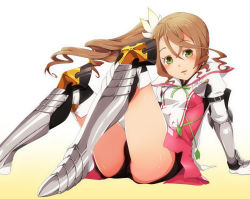 Rule 34 | 10s, 1girl, 310123, alisha diphda, armor, ass, blush, boots, breasts, brown hair, flower, gauntlets, green eyes, hair flower, hair ornament, long hair, looking at viewer, open mouth, parted lips, shiny skin, shorts, side ponytail, sitting, smile, solo, tales of (series), tales of zestiria