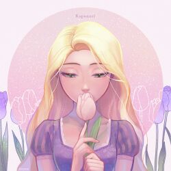 Rule 34 | 1girl, blonde hair, character name, dress, flower, green eyes, holding, holding flower, long hair, looking at object, pink flower, pink tulip, purple dress, purple flower, purple tulip, rapunzel (disney), seoyeon, solo, tangled, tulip, upper body