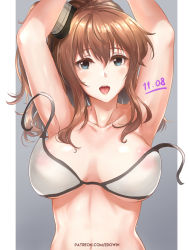 Rule 34 | 1girl, armpits, arms up, bikini, blue eyes, breasts, breasts day, brown hair, collarbone, edwin (cyberdark impacts), hair between eyes, hair ornament, highres, kantai collection, large breasts, looking at viewer, nipples, open mouth, ponytail, saratoga (kancolle), see-through, side ponytail, sidelocks, smokestack, solo, swimsuit, untied bikini, watermark, web address, white bikini