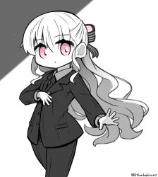 Rule 34 | 1girl, artoria pendragon (all), artoria pendragon (fate), bow, closed mouth, collared shirt, commentary request, fate/extra, fate (series), formal, grey background, hair between eyes, hair bow, highres, long hair, long sleeves, looking at viewer, monochrome, necktie, nursery rhyme (fate), pant suit, pants, pink eyes, saber (fate), shirt, solo, spot color, striped, striped bow, suit, twitter username, two-tone background, very long hair, white background, yuya090602
