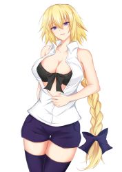 Rule 34 | 1girl, bare arms, bare shoulders, black bra, blonde hair, bow, bra, braid, breasts, collarbone, commentary request, commission, cowboy shot, fate/apocrypha, fate (series), hair between eyes, hair bow, head tilt, jeanne d&#039;arc (fate), jeanne d&#039;arc (girl from orleans) (fate), jeanne d&#039;arc (ruler) (fate), large breasts, long braid, long hair, looking at viewer, parted lips, purple bow, purple eyes, purple shorts, purple thighhighs, shirt, short shorts, shorts, simple background, skeb commission, sleeveless, sleeveless shirt, smile, solo, standing, thighhighs, thighs, underwear, very long hair, watarase piro, white background, white shirt