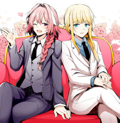 Rule 34 | 2boys, :d, ;d, alternate costume, arm at side, astolfo (fate), black necktie, black ribbon, blonde hair, blue eyes, blue shirt, blush, braid, chevalier d&#039;eon (fate), collared shirt, couch, cross, fang, fate/grand order, fate (series), floral background, flower, formal, grey vest, hair intakes, hair over shoulder, hair ribbon, hand up, heart, jacket, long hair, long sleeves, looking at viewer, low-tied long hair, low ponytail, multicolored hair, multiple boys, necktie, on couch, one eye closed, open clothes, open jacket, open mouth, own hands together, pants, petals, pink flower, pink hair, pink rose, purple eyes, purple jacket, ribbon, rose, rose petals, rui shi (rayze ray), shirt, sidelocks, single braid, sitting, smile, streaked hair, striped clothes, striped shirt, suit, trap, vertical-striped clothes, vertical-striped shirt, very long hair, vest, waving, white background, white hair, white jacket, white pants, white shirt, wing collar