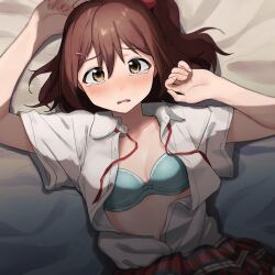 Rule 34 | 1girl, arms up, blue bra, blush, bra, breasts, brown hair, collarbone, collared shirt, dress shirt, from above, hair between eyes, hair ornament, hairclip, heero (whvu2288), kasuga mirai, long hair, looking at viewer, neck ribbon, on bed, open clothes, open mouth, open shirt, original, plaid, plaid skirt, pleated skirt, red ribbon, red skirt, ribbon, scared, school uniform, shirt, short sleeves, skirt, small breasts, solo, tearing up, underwear, undone neck ribbon, white shirt