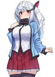 Rule 34 | 1girl, absurdres, alps to kiken na mori, baffu, black thighhighs, blue hair, blue jacket, blush, breasts, closed mouth, cowboy shot, frilled skirt, frills, frown, gradient hair, hair between eyes, hair ornament, hair ribbon, hairclip, hand on own shoulder, highres, jacket, large breasts, long hair, long sleeves, looking at viewer, multicolored hair, open clothes, open jacket, orange eyes, pleated skirt, red skirt, ribbon, shirt, side ponytail, sidelocks, simple background, skindentation, skirt, solo, standing, streaked hair, thighhighs, two-tone hair, white background, white hair, white shirt