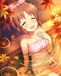 Rule 34 | 10s, 1girl, abe nana, autumn, autumn leaves, bow, breasts, cleavage, collarbone, closed eyes, hair ribbon, idolmaster, idolmaster cinderella girls, naked towel, official art, onsen, orange hair, pink towel, red bow, ribbon, solo, towel, towel on head