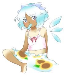 Rule 34 | 1girl, bare shoulders, barefoot, bloomers, blue bow, blue eyes, blue hair, blue wings, bow, camisole, cirno, fairy, flat chest, floral print, food, food in mouth, hair bow, ice, ice wings, light blue hair, navel, nonamejd, official style, popsicle, popsicle in mouth, red ribbon, ribbon, short hair, simple background, solo, sunflower print, tan, tanline, tanned cirno, touhou, underwear, white background, white bloomers, white camisole, wings, zun (style)