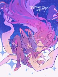 Rule 34 | 1girl, absurdly long hair, artist name, blush, closed mouth, elbow gloves, falling, gloves, hair slicked back, highres, league of legends, long hair, official alternate costume, official alternate hairstyle, pointy ears, purple eyes, purple hair, simple background, solo, star (symbol), star guardian (league of legends), star guardian pet, star guardian zoe, tears, v-shaped eyebrows, very long hair, zoe (league of legends), ztdlb