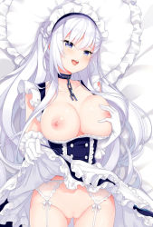 Rule 34 | 1girl, :d, apron, azur lane, bed, bed sheet, belfast (azur lane), blush, braid, breasts, breasts out, broken, broken chain, chain, cleft of venus, clothes lift, collar, collarbone, daki-makura, dakimakura (medium), french braid, frilled apron, frilled gloves, frilled skirt, frills, from above, garter belt, garter straps, gloves, gluteal fold, hair between eyes, highres, indoors, large breasts, long hair, looking at viewer, lying, maid, maid apron, maid headdress, nipples, no panties, on back, on bed, open mouth, pillow, pussy, shiny skin, sidelocks, skirt, skirt lift, smile, solo, third-party source, uncensored, upper body, white apron, white hair