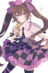 Rule 34 | 1girl, bad id, bad pixiv id, black necktie, black thighhighs, blush, bow, brown hair, cellphone, checkered clothes, checkered skirt, closed mouth, commentary request, flip phone, frilled shirt collar, frills, hair between eyes, hair bow, hat, heart, highres, himekaidou hatate, holding, holding hair, holding phone, long hair, looking at viewer, loveyuzu, nail polish, necktie, petticoat, phone, pink nails, pink shirt, puffy short sleeves, puffy sleeves, purple bow, purple eyes, purple hat, purple skirt, shirt, short sleeves, simple background, skirt, smile, solo, thighhighs, tokin hat, touhou, twintails, very long hair, white background