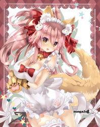 Rule 34 | 1girl, animal ear fluff, animal ears, animal hands, apron, arm under breasts, bad id, bad pixiv id, bare shoulders, bell, blush, border, bow, breasts, bridal garter, brown eyes, cat hair ornament, cleavage, collar, fate/extra, fate/grand order, fate (series), fox ears, fox girl, fox tail, frills, gloves, hair between eyes, hair bow, hair ornament, highres, jingle bell, lace, lace border, large breasts, long hair, looking at viewer, maid headdress, mezashi gohan, naked apron, neck bell, open mouth, ornate border, paw gloves, paw print, pink hair, ponytail, red bow, sidelocks, smile, tail, tamamo (fate), tamamo cat (fate), tamamo cat (third ascension) (fate), thighs, white background