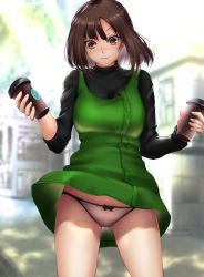Rule 34 | 1girl, big.g, blush, brown eyes, brown hair, clothes lift, coffee cup, cup, disposable cup, dress, dress lift, highres, looking down, original, panties, short hair, solo, standing, turtleneck, underwear, wind, wind lift