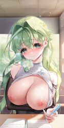 Rule 34 | 1girl, absurdres, bare shoulders, black shirt, blush, breasts, breasts out, chinese commentary, closed mouth, clothes lift, commentary request, desk, detached sleeves, earrings, fangwan, green eyes, green hair, hair between eyes, heart, heart-shaped pupils, heavy breathing, highres, holding, holding pen, indoors, jewelry, large breasts, layered shirt, long hair, looking at viewer, nipples, no bra, nose blush, original, pen, shirt, shirt lift, smile, solo, sweat, symbol-shaped pupils, upper body, wavy hair, white shirt