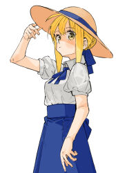 Rule 34 | 1girl, artoria pendragon (all), artoria pendragon (fate), blonde hair, blue ribbon, blue skirt, blush, collared shirt, fate/stay night, fate (series), green eyes, grey shirt, hair bun, hair ribbon, hat, high-waist skirt, highres, looking at viewer, neck ribbon, ribbon, saber (fate), shirt, short sleeves, sidelocks, simple background, skirt, solo, sun hat, tenoo12, white background