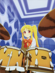 Rule 34 | 1girl, absurdres, ahoge, blonde hair, bocchi the rock!, bow, collared shirt, color halftone, cover, cymbals, drum, drum set, dvd cover, highres, instrument, kerorira, long hair, long sleeves, non-web source, official art, polka dot, polka dot bow, red bow, red eyes, scan, shirt, side ponytail, sidelocks, sleeves rolled up, solo, white shirt