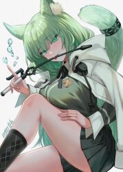 Rule 34 | 1girl, arknights, black ribbon, black skirt, breasts, bubble, cardigan, cat tail, green eyes, green hair, grey cardigan, harmonie (arknights), highres, jacket, large breasts, long hair, looking at viewer, memetaroh, miniskirt, neck ribbon, open clothes, open jacket, ribbon, shirt, simple background, skirt, solo, tail, tongue, tongue out, white background, white jacket, white shirt
