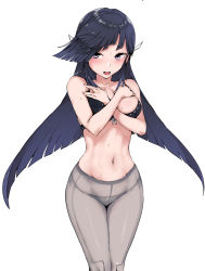 Rule 34 | 1girl, black bra, black hair, blush, bra, breasts, covering privates, covering breasts, gradient hair, grey pantyhose, hair over one eye, hair ribbon, hayashimo (kancolle), hime cut, kantai collection, long hair, looking at viewer, medium breasts, multicolored hair, navel, open mouth, panties, pantyhose, purple eyes, ribbon, side-tie panties, simple background, solo, underwear, very long hair, white background, yukiguni yuu