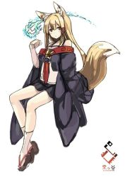 Rule 34 | 1girl, animal ears, black skirt, blonde hair, blue fire, brown eyes, closed mouth, commentary request, fire, fox ears, fox tail, full body, hand up, inabi, invisible chair, japanese clothes, long hair, long sleeves, looking at viewer, off shoulder, original, platform footwear, pleated skirt, simple background, sitting, sketch, skirt, socks, solo, tail, white background, white socks, wide sleeves