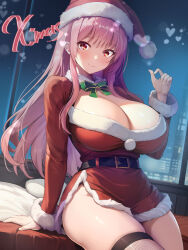Rule 34 | 1girl, arm support, bow, bowtie, breasts, christmas, cleavage, closed mouth, cowboy shot, dress, fur trim, hat, indoors, large breasts, long hair, long sleeves, looking at viewer, maki (seventh heaven maxion), on bed, original, pink hair, red dress, red eyes, santa costume, santa dress, santa hat, short dress, shrug (clothing), side slit, sidelocks, single thighhigh, sitting, smile, solo, thighhighs