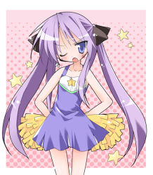 Rule 34 | 00s, angry, bare shoulders, blue eyes, blush, cheerleader, collarbone, frown, hair ribbon, hands on own hips, hiiragi kagami, long hair, lucky star, non-web source, one eye closed, open mouth, pom pom (cheerleading), purple hair, ribbon, scolding, solo, star (symbol), tsurime, twintails, very long hair, wink