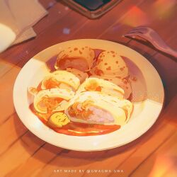 Rule 34 | chinese commentary, commentary request, creature, food focus, fork, gwagwagwa, highres, napkin, no humans, original, pixiv username, plate, quiche, realistic, sauce, shadow, still life, table, watermark, wooden table