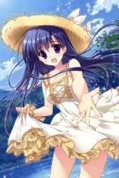 Rule 34 | 10s, 1girl, :d, absurdres, blue eyes, blue hair, blush, bow, clothes lift, cloud, collarbone, day, dress, flower, happy, hat, highres, hold out hand, hoshizora e kakaru hashi, huge filesize, koumoto madoka, lace, long hair, matching hair/eyes, open mouth, outstretched hand, purple eyes, ribbon, ryouka (suzuya), skirt, skirt lift, sky, smile, solo, straw hat, stream, sundress, tree, water