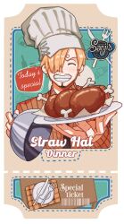 Rule 34 | 1boy, barcode, blonde hair, boned meat, chef hat, closed eyes, curly eyebrows, english text, facial hair, food, goatee, hair over one eye, hat, highres, holding, holding plate, jennyandloiryan, male focus, meat, one piece, plate, sanji (one piece), shirt, smile, solo, striped clothes, striped shirt, teeth, ticket, tray, upper body