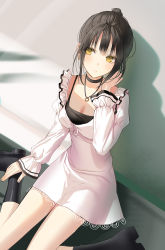 Rule 34 | 1girl, black choker, black footwear, blush, boots, breasts, choker, cleavage, dress, earrings, hair bun, hand up, highres, jewelry, juliet sleeves, lloule, long sleeves, looking at viewer, medium breasts, mole, mole under eye, original, parted lips, puffy sleeves, sidelocks, single hair bun, sitting, sleeves past wrists, solo, wariza, white dress, yellow eyes
